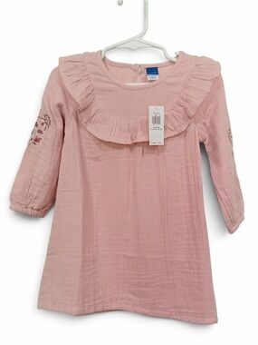 Girl’s Pink Ruffle Neck Dress with Embroidered Sleeves